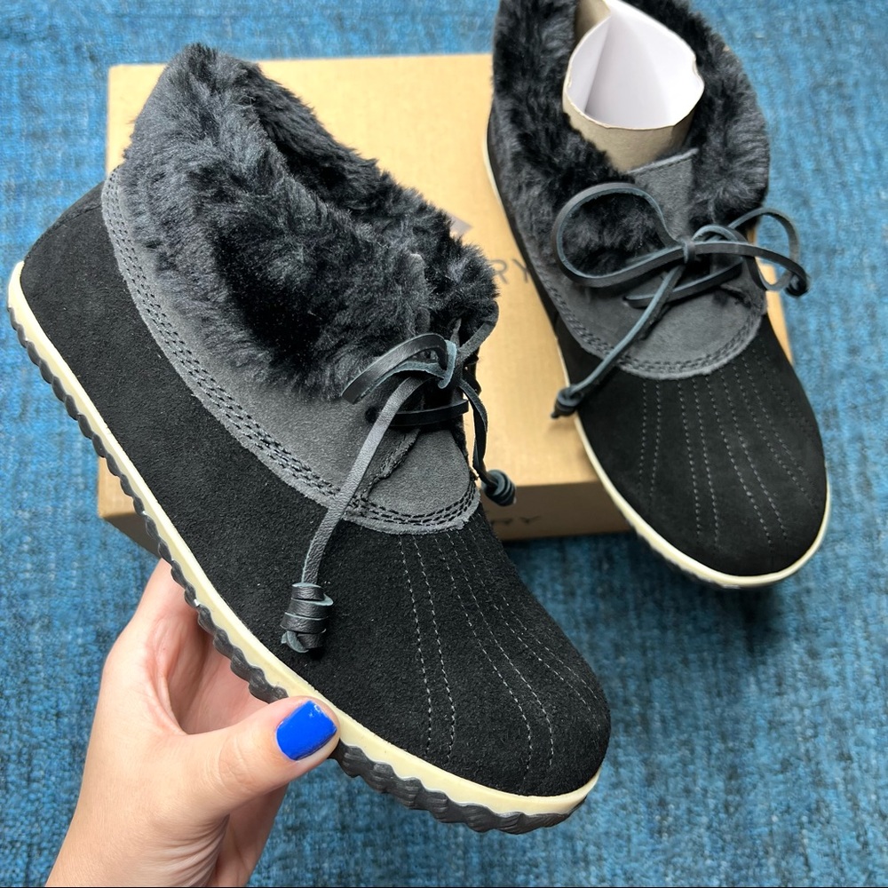 Sperry Elayna Leather Faux Fur Lined House Slippers in Black Gray Women's 7 NIB